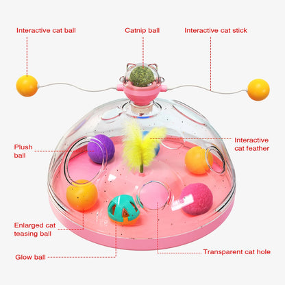 Cat Puzzle Toys Indoor for Kitten Interactive Games Spinning Track Balls & Feather Teaser Toy Stimulation Brain Treasure Chest