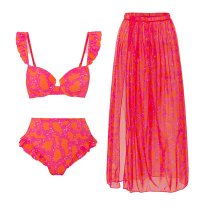 2024 Sexy Women's Swimsuit with Skirt One-Piece Swimwear Vintage Ruffle V Neck Cover Up Bikinis Set Beachwear Bathing Suit