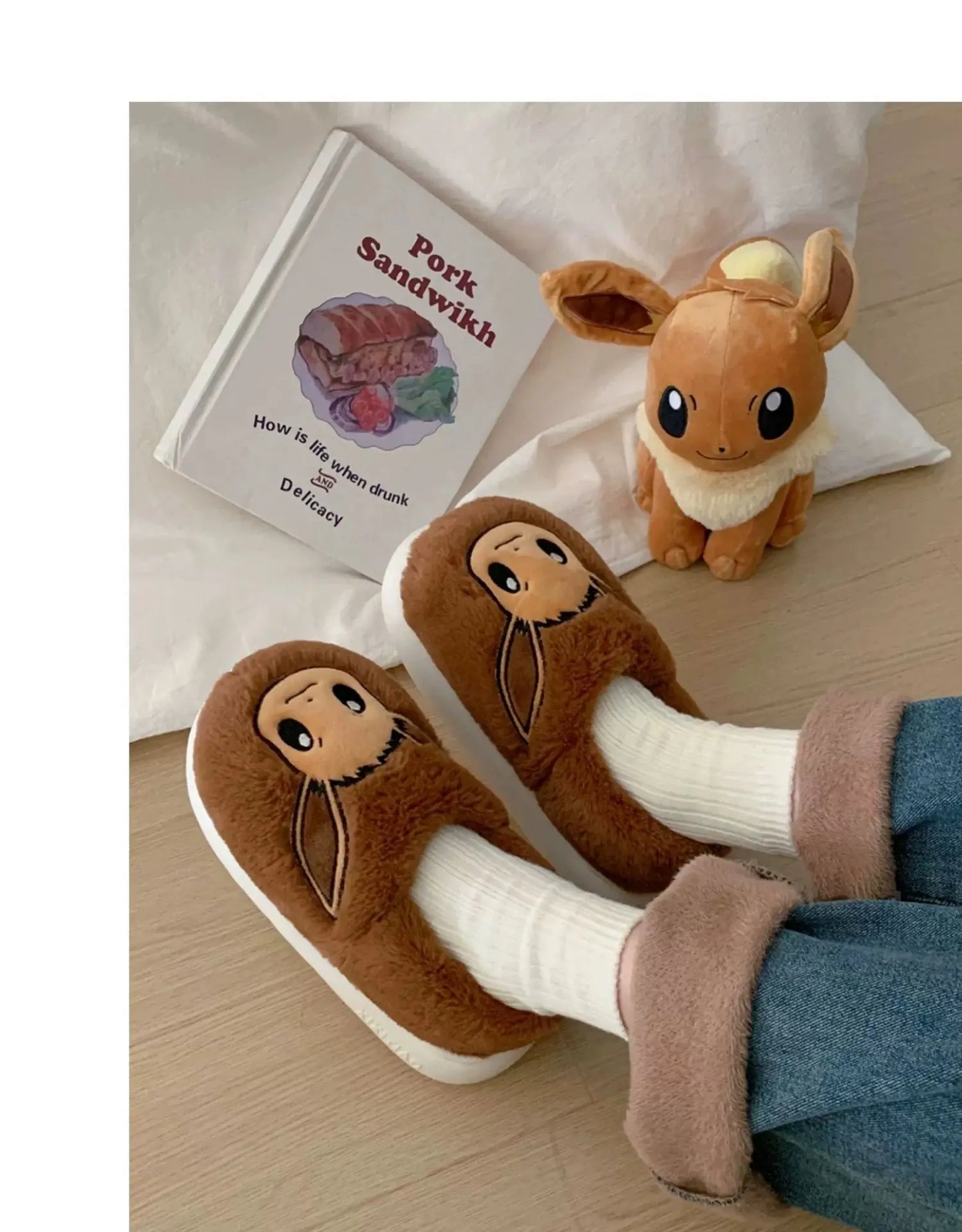 Pokemon Anime Couple Slippers Cute Pikachu Eevee Cartoon Cotton Home Shoes for Men And Women with Velvet Insulation Winter Gifts