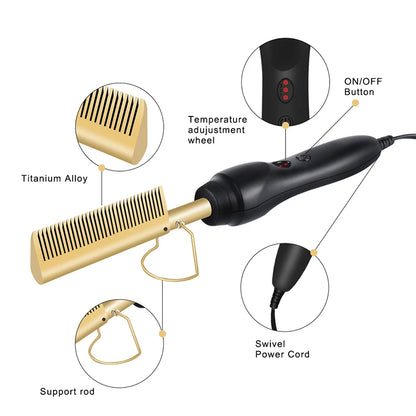 Portable hair straightening brush 2-in-1 hot comb electric hair straightening tool, hair straightening stick styling tool