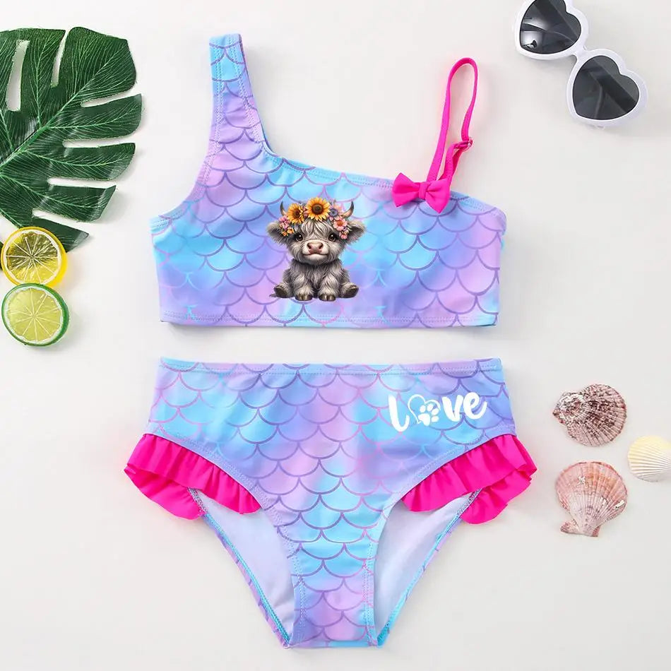 Girls' "Nature Love" Bikini Set: Mermaid Scale Pattern with Chibi Fox & Asymmetric Ruffles