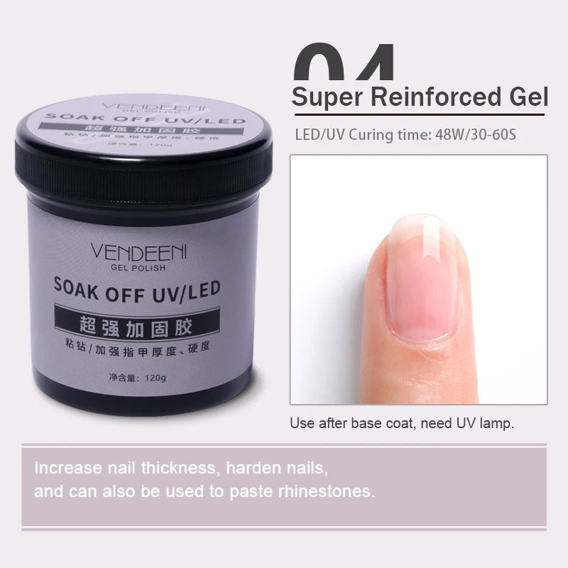 Vendeeni 120g High Capacity Nail Art Functional Gel No Wipe Top Coat Base Coat Painless Extension Gel Leveling Reinforcing Gel