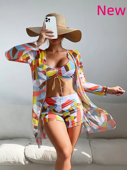 Three Pieces Bikini Set Cover Up Women 2023 New Push Up Twist Swimsuit Print Long Sleeve Swimwear Biquini Bathing Suit Summer