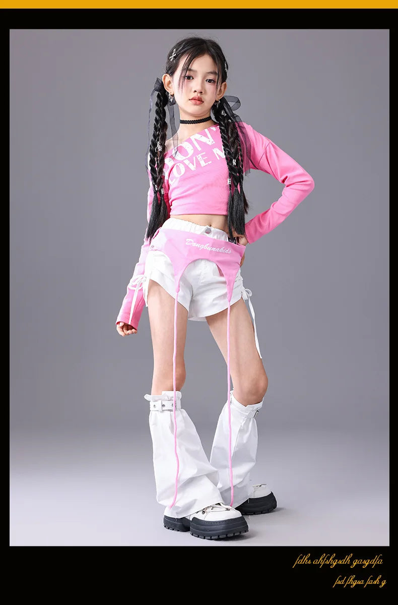 Girls Hip Hop Off Shoulder Crop Top ‌Street Dance Skirts Cargo Pants Children Streetwear Jeans Kids K-pop Girl Group Clothes Set