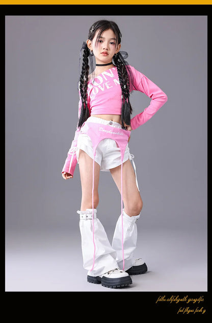 Girls Hip Hop Off Shoulder Crop Top ‌Street Dance Skirts Cargo Pants Children Streetwear Jeans Kids K-pop Girl Group Clothes Set