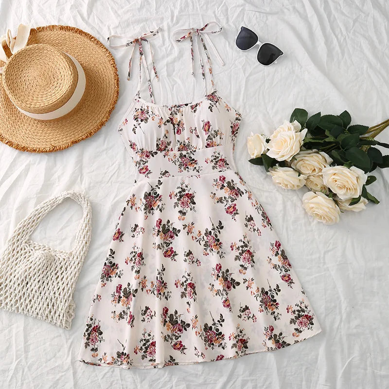 French Style Floral Summer Mini Dress: Sleeveless Camisole with Tie Straps