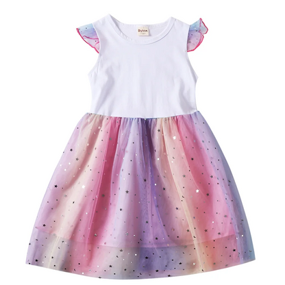Girls' K-Pop Hunters "Chibi Rainbow" Princess Dress: Flying Sleeve Tutu with Star Sequins
