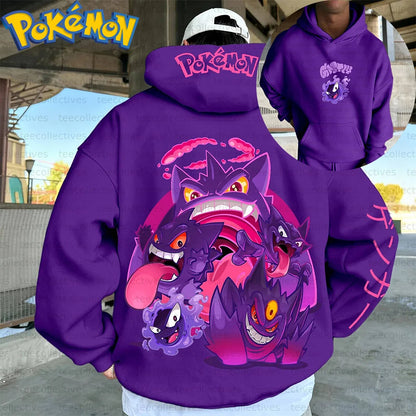 Pokemon Anime Gengar Cotton Hoodie Purple Character Print with Multiple Ghost Type Creatures Pattern Casual Streetwear