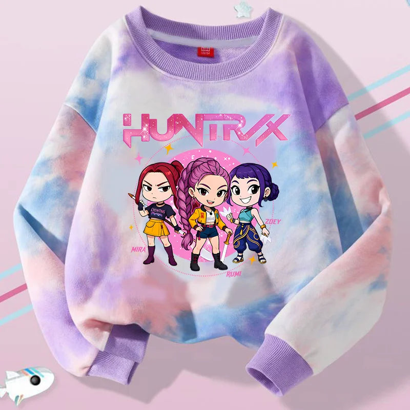 K-Pop Hunters Zoey Mira Rumi Tie-dyed Sweatshirt for Girl Pullover Crew Neck Child Sportwear Long Sleeve Cartoon Kids Tops