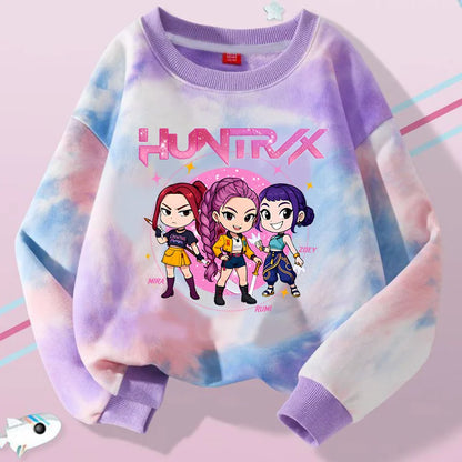 K-Pop Hunters Zoey Mira Rumi Tie-dyed Sweatshirt for Girl Pullover Crew Neck Child Sportwear Long Sleeve Cartoon Kids Tops