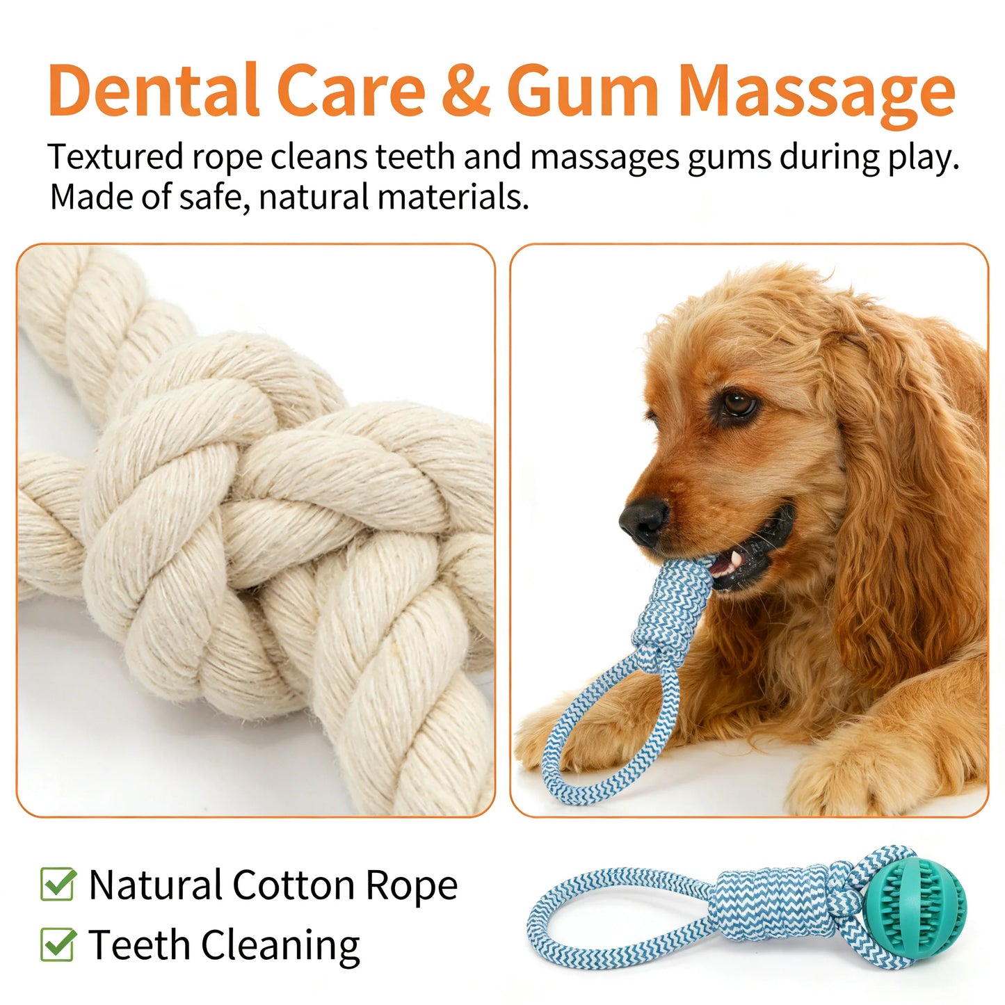 2-in-1 Dog Chew Toy with Treat Dispenser Durable Cotton Rope Natural Rubber Ball for Small Medium Dogs Teeth Cleaning