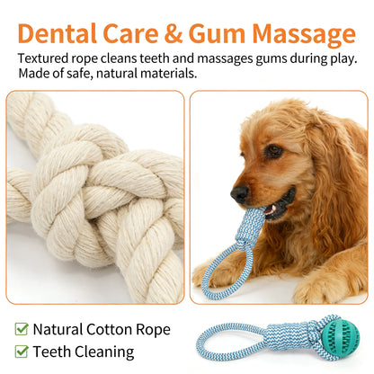 2-in-1 Dog Chew Toy with Treat Dispenser Durable Cotton Rope Natural Rubber Ball for Small Medium Dogs Teeth Cleaning