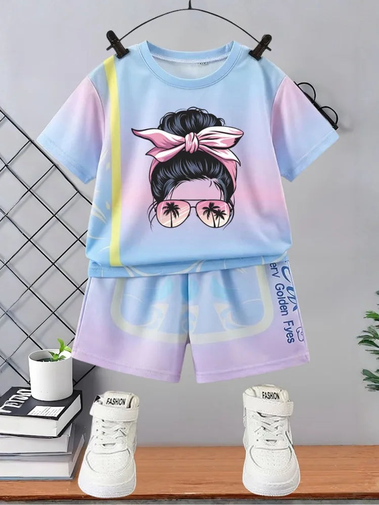 Girls' Sunset Beach 2-Piece Summer Set: Tie-Dye Mesh Tee & Shorts Sport Outfit