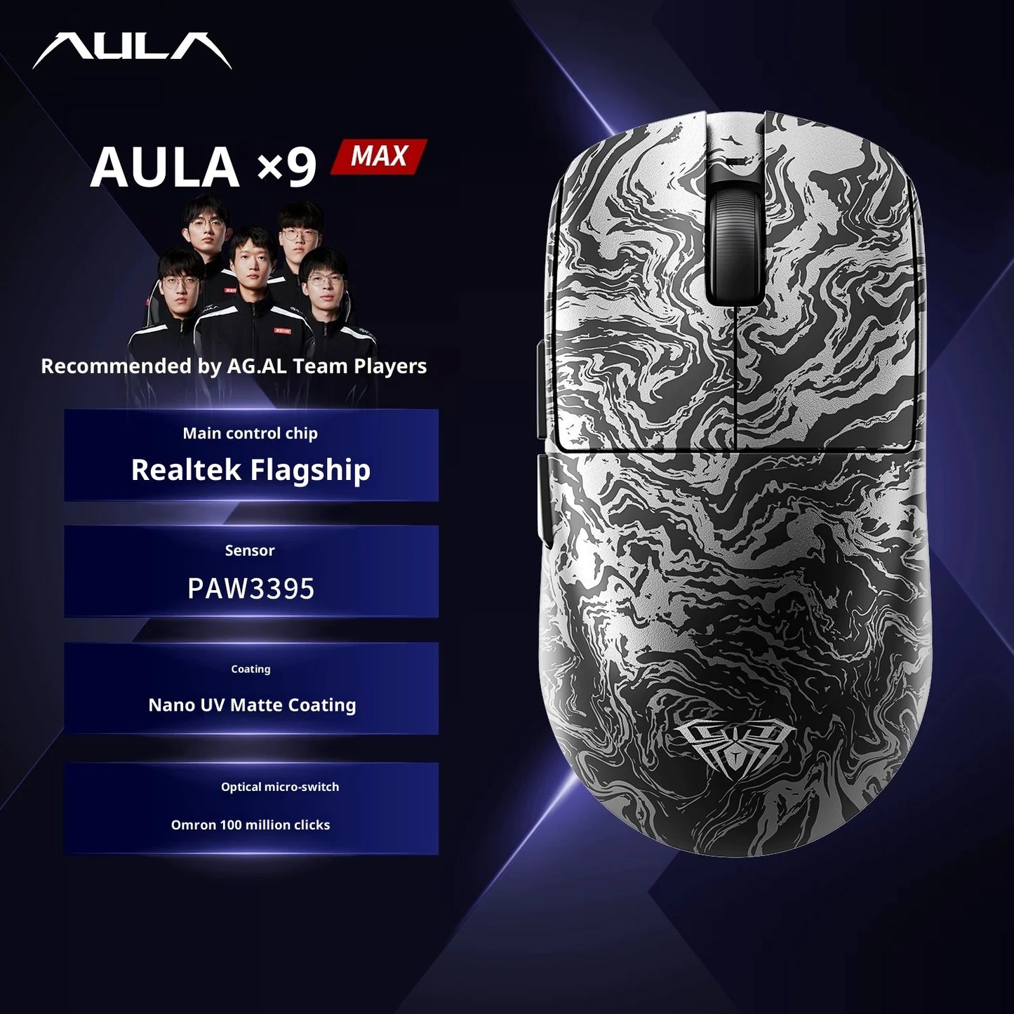 AULA X9 Max Ultra Gaming Mouse Wireless Tri Mode Dual 8KHz 500mAh PAW3950 Lightweight Ergonomic Esports Mouse Gaming Accessories
