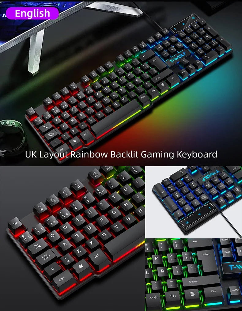 Mechanical feel Gaming Keyboard Light Backlit RGB wired keyboard USB office home  media keys Russian Spanish Arabic English