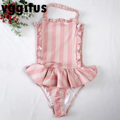 New Summer Kids Girl One Pieces Swimwear Sling Sleeveless Pink Striped Swimsuit Halter Swimming Suit Children Bikini H6852