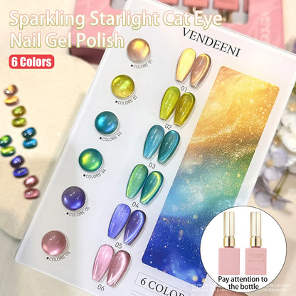 Vendeeni 6 Colors Crystal Cat Eye Gel Nail Polish Set Semi Permanent Sparkling Magnetic UV LED Soak Off Gel Varnish With Display