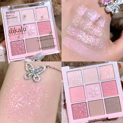 DIKALU 9-Color Sakura Eyeshadow Palette Glitter Matte Low Saturation Pink Brown Nude Makeup Shimmer Eye Pigments Long Lasting