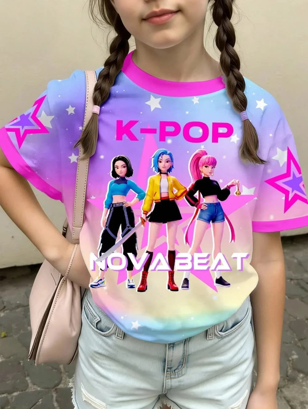 Kpop Cartoon Graphic Girls T-Shirt Casual Round-Neck T-Shirt Suitable for Girls Kids Gift Short Sleeve Tops Children's Clothing