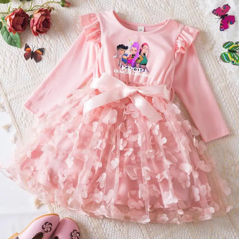 Girls' K-Pop HUNTRX "Butterfly Dreams" Dress: Long Sleeve 3D Applique Tutu Princess Gown