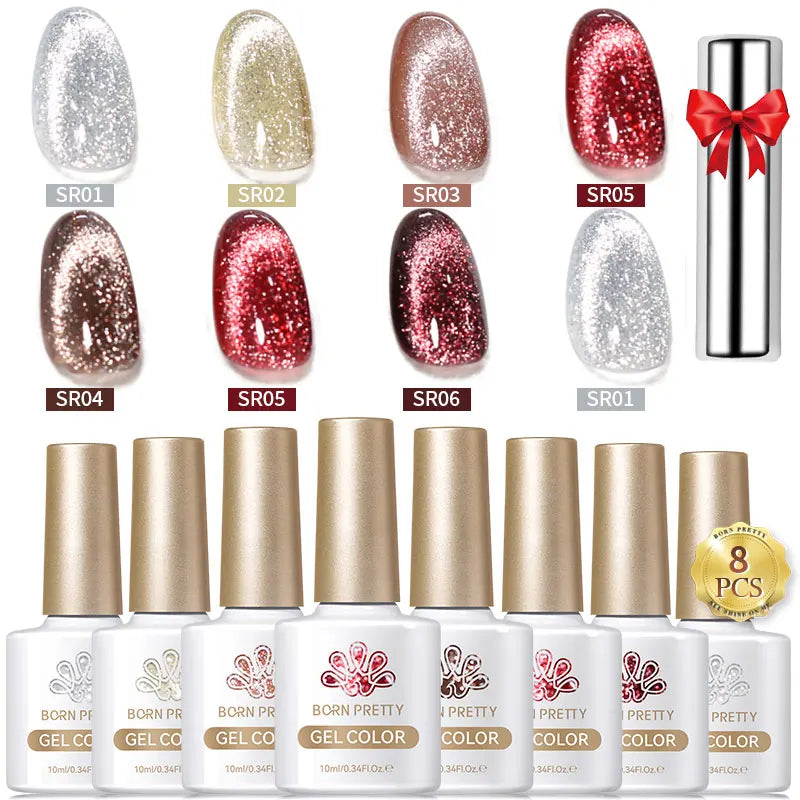 BORN PRETTY 8Pcs Glitter Cat Magnetic Nail Gel Polish Set Moonlight Transparent Summer Semi Permanent UV Gel Soak Off Nail Gel