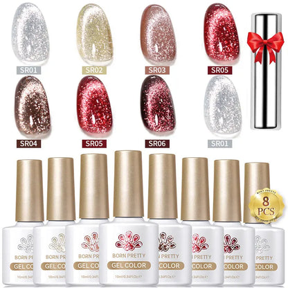 BORN PRETTY 8Pcs Glitter Cat Magnetic Nail Gel Polish Set Moonlight Transparent Summer Semi Permanent UV Gel Soak Off Nail Gel