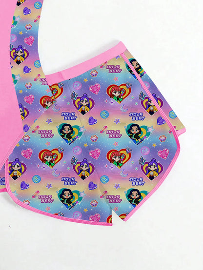Kids Girls 2 Piece K-POP Singer Cartoon Print One Piece Swimsuit with Skirt Cover Up Summer Beach Swimwear