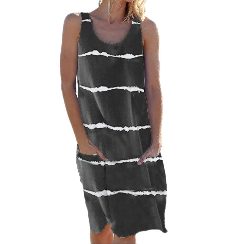 Summer Women's round Neck Printed Striped Vest Dress with Pockets European And United States Style Casual Maxi Dress