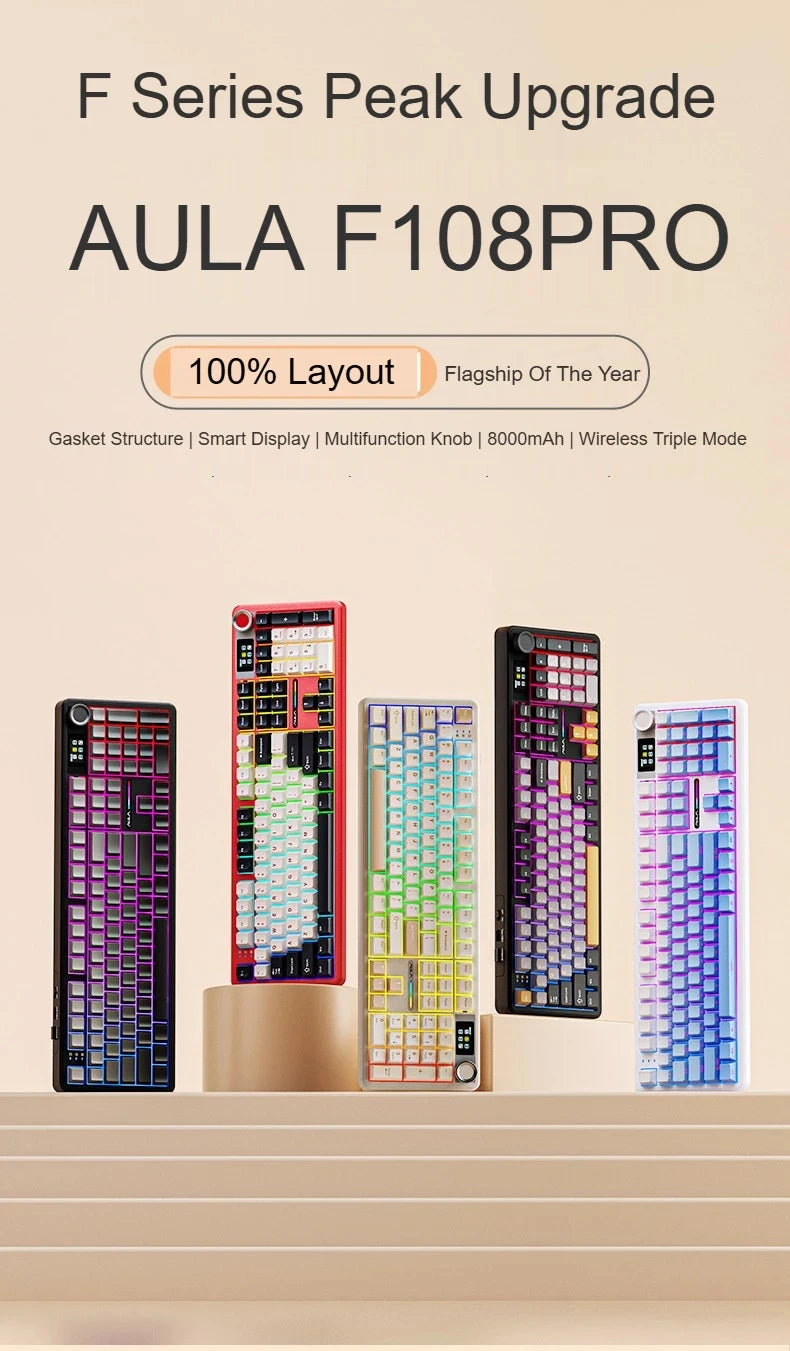 AULA F108 PRO/F108 Mechanical Keyboard Custom 100% Layout RGB Backlight Wireless Bluetooth Hifi Switch Gaming Keyboard