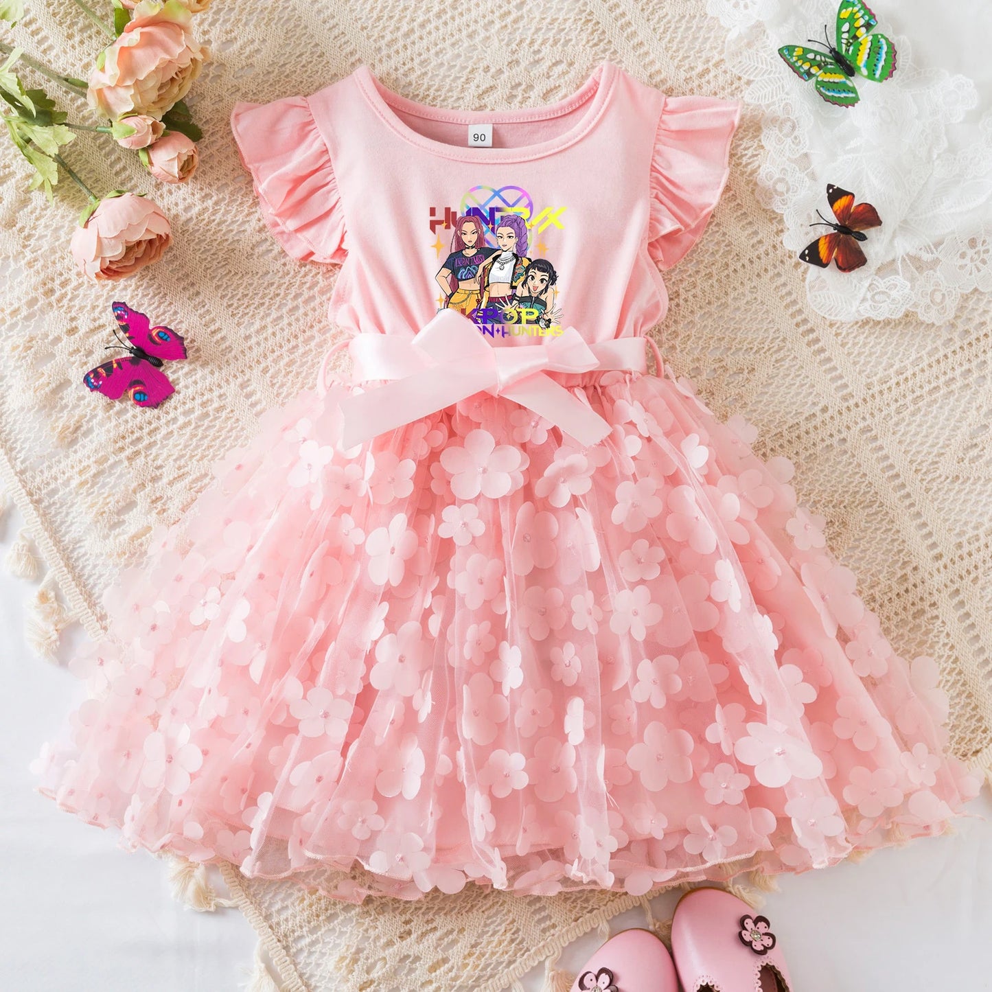 Girls' K-Pop Demon Hunters "Pink Blossom" Dress: 3D Flower Tutu & Idol Graphic Gown