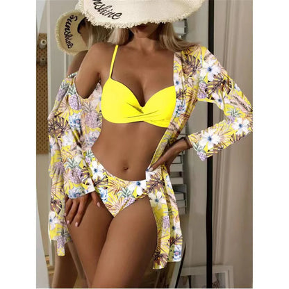Three Pieces Bikini Set Cover Up Women 2023 New Push Up Twist Swimsuit Print Long Sleeve Swimwear Biquini Bathing Suit Summer