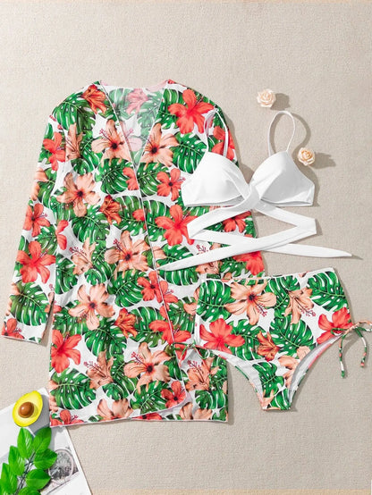 Three Pieces Bikini Set Cover Up Women 2023 New Push Up Twist Swimsuit Print Long Sleeve Swimwear Biquini Bathing Suit Summer
