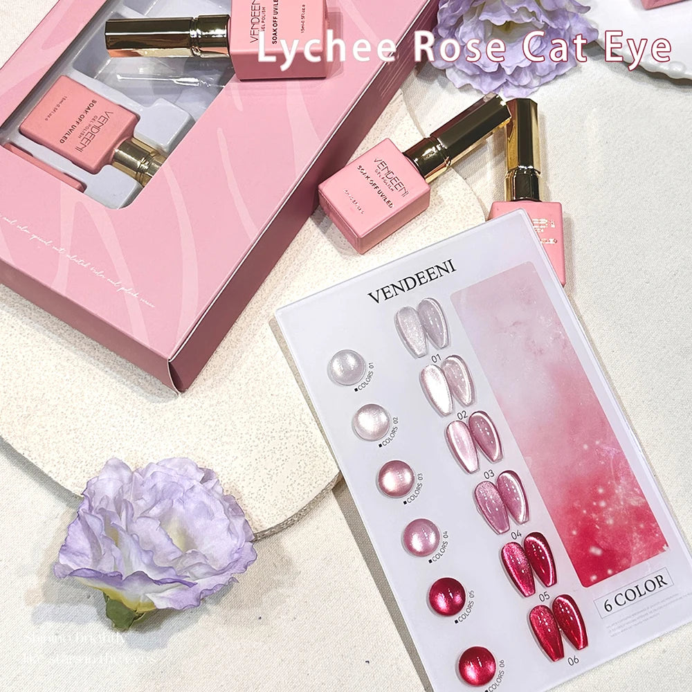 Vendeeni 6 Colors Crystal Cat Eye Gel Nail Polish Set Semi Permanent Sparkling Magnetic UV LED Soak Off Gel Varnish With Display