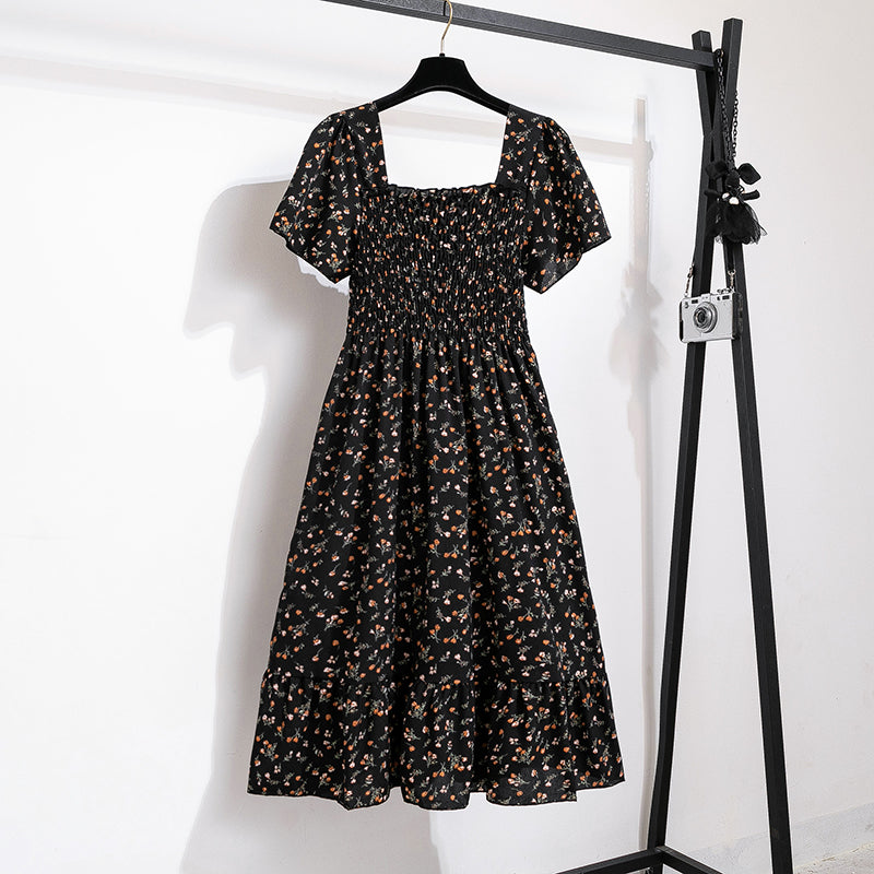 Floral Chiffon Smocked Midi Dress: Butterfly Sleeve Square Neck A-Line Gown