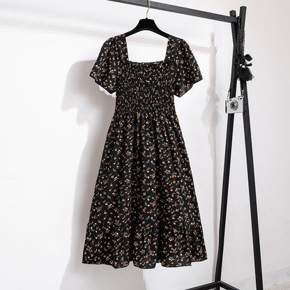 Floral Chiffon Smocked Midi Dress: Butterfly Sleeve Square Neck A-Line Gown