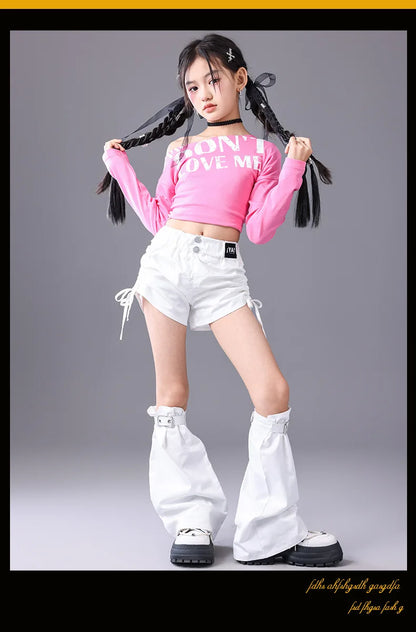 Girls Hip Hop Off Shoulder Crop Top ‌Street Dance Skirts Cargo Pants Children Streetwear Jeans Kids K-pop Girl Group Clothes Set