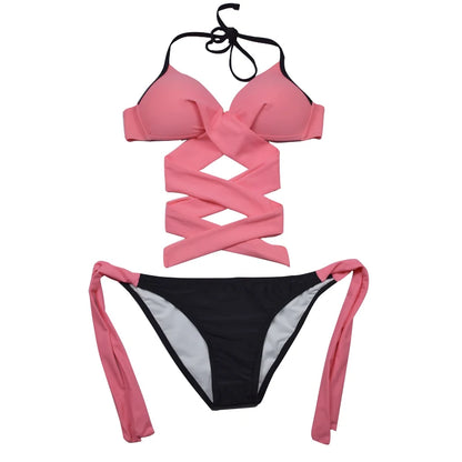 Neon Green Bikini Set Sexy Women Push Up Swimwear Cross Bandage Halter Swimsuit Two-piece Beach Wear Bathing Suit Ladies Biquini