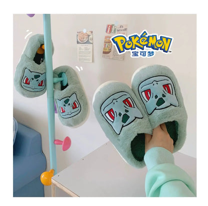 Pokémon Genuine Bulbasaur Indoor Fall and Winter Plus Velvet Warm Soft-soled Comfortable Cotton Slippers for Men and Women