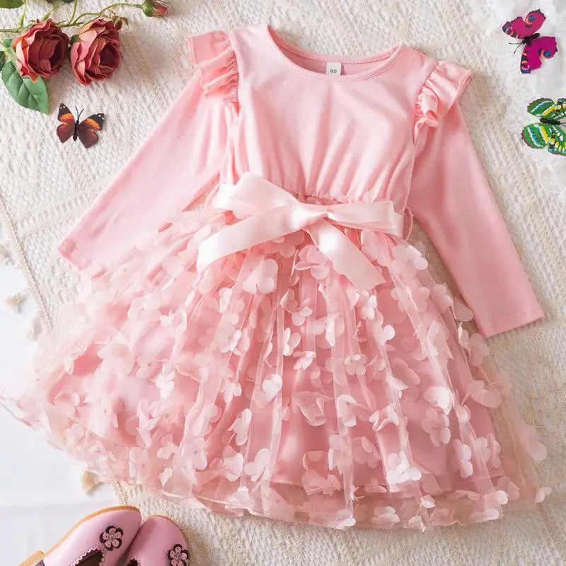 Girls' K-Pop HUNTRX "Butterfly Dreams" Dress: Long Sleeve 3D Applique Tutu Princess Gown