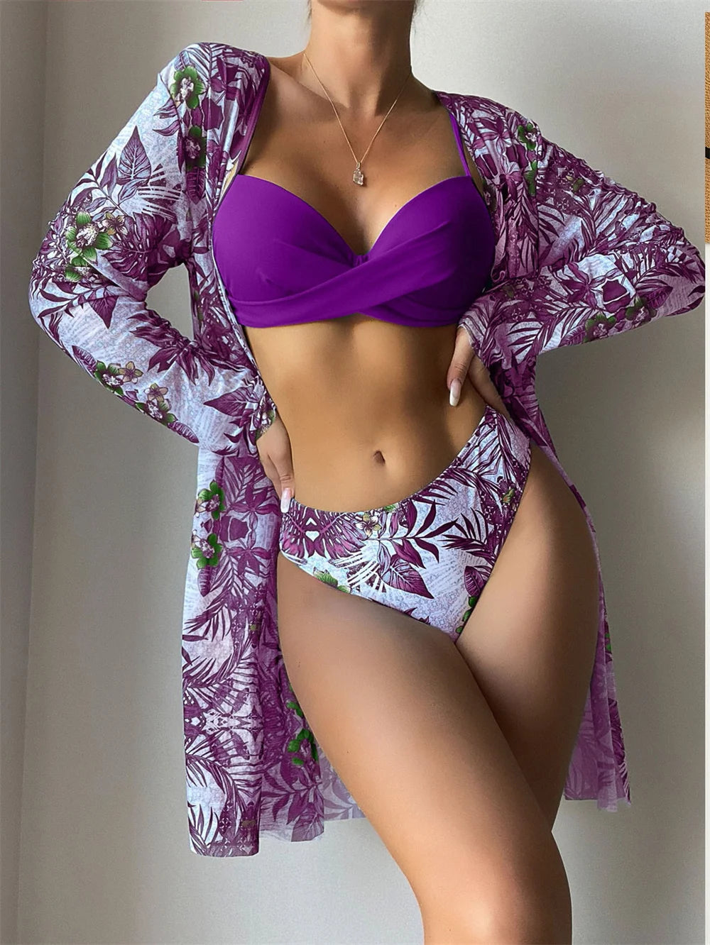 Three Pieces Bikini Set Cover Up Women 2023 New Push Up Twist Swimsuit Print Long Sleeve Swimwear Biquini Bathing Suit Summer