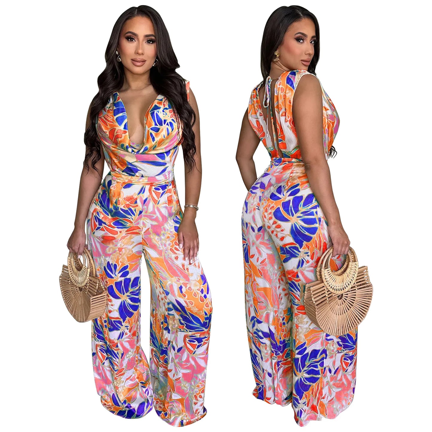 Summer Women 2025 Outfits Beach Jumpsuit Cover Up For Female Swim Swimsuit Sexy Tunic Sleeveless Lace Up Wide Leg Printed Romper