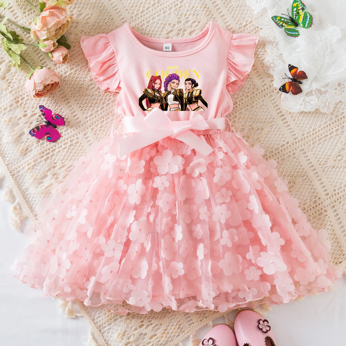 Girls' K-Pop Demon Hunters "Pink Blossom" Dress: 3D Flower Tutu & Idol Graphic Gown