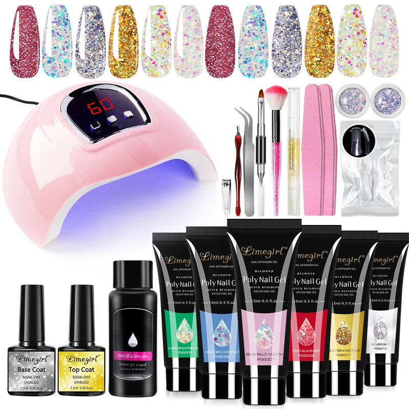LIMEGIRL Acrylic Manicure Kit UV LED Light Semi-Permanent Gel Varnish Kit Gel Extension Nail Kit Dryer Soak Manicure Tool Kit