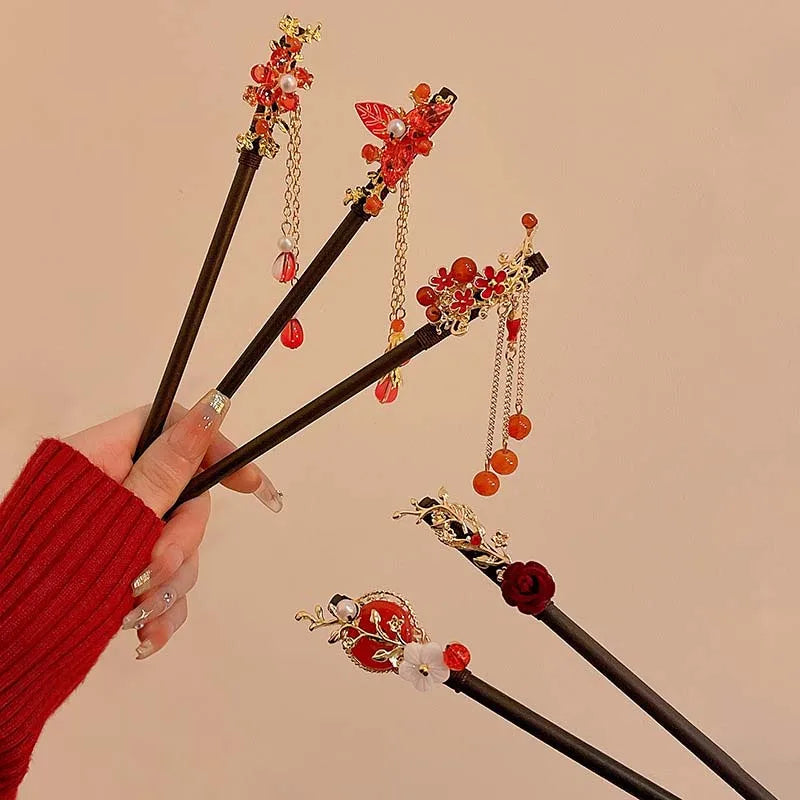 Retro Red Flower Hair Stick.