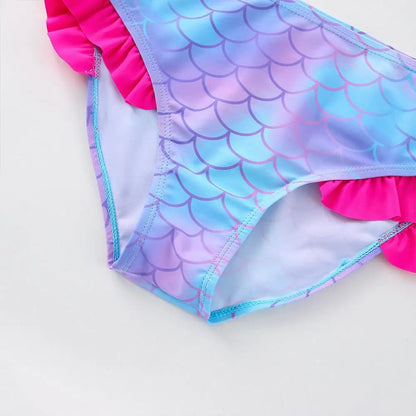 Girls' "Nature Love" Bikini Set: Mermaid Scale Pattern with Chibi Fox & Asymmetric Ruffles