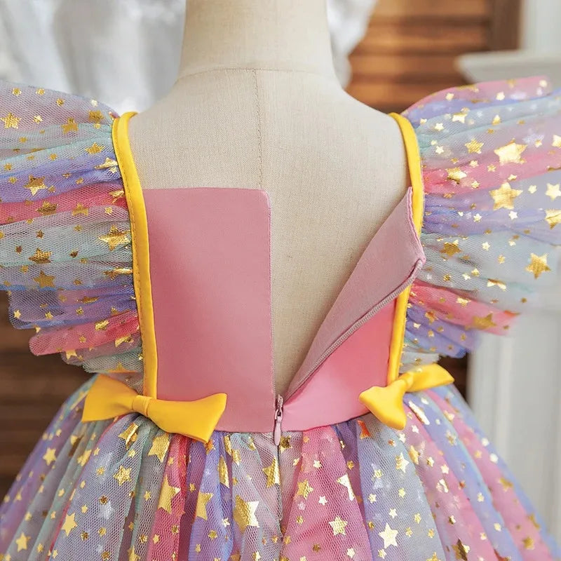 Girls' K-Pop HUNTRX "Holiday Star" Tutu Dress: Rainbow Tulle Gown with Gold Sequins & Ruffle Wings