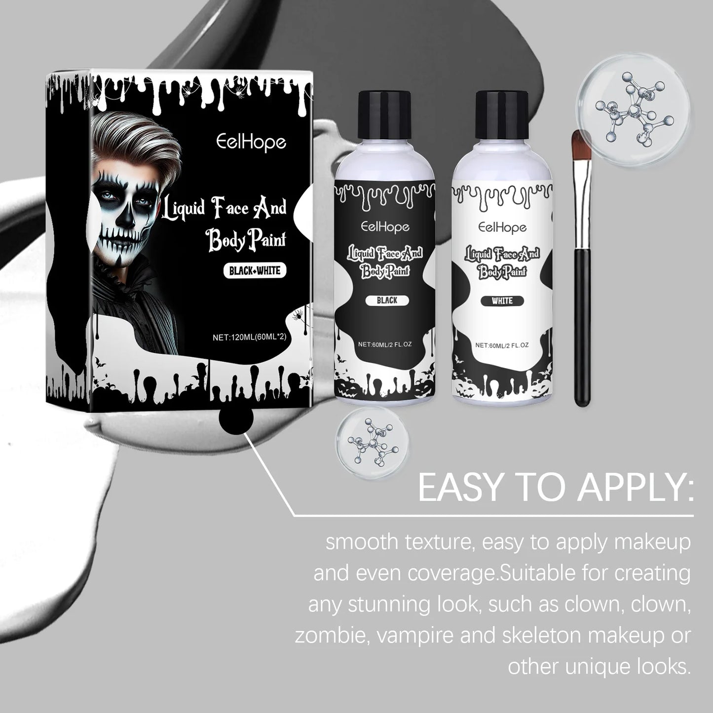 Eelhope Halloween Quick Dry Liquid Face Paint Body Paint Costume Party Waterproof Face Body Art Makeup with Brushes Washable