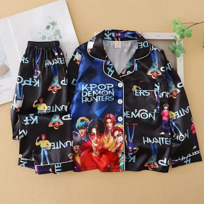 Kids' K-Pop Demon Hunters Satin Pajama Set: Long Sleeve Luxury Sleepwear