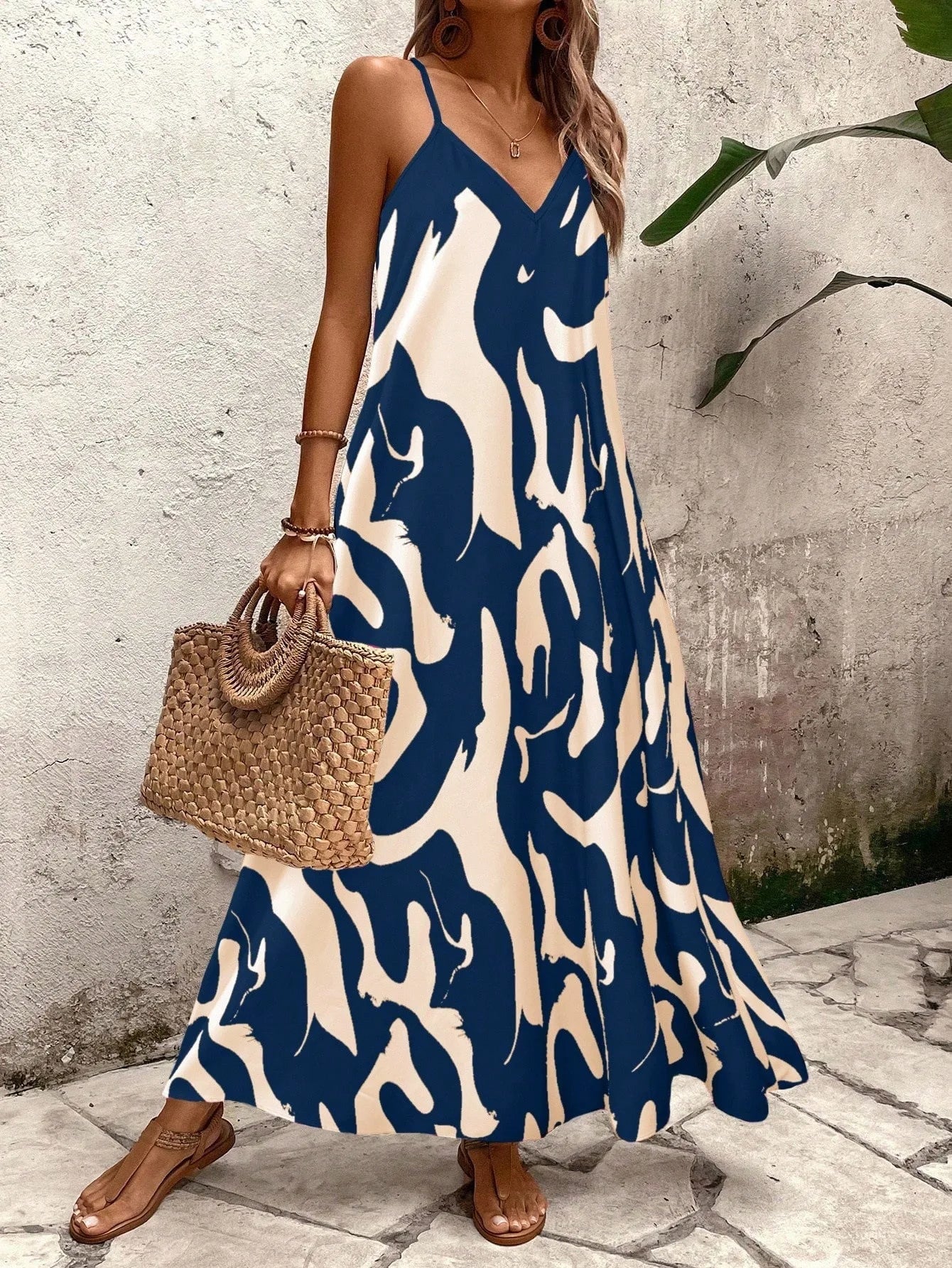 Summer 2026 Women's Fashion Slim Fit Floral Print V-Neck Loose Holiday Style Dress Knitted Fabric A- Line Skirt Casual Wear