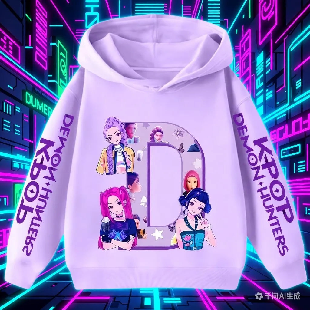 Hoodie for children with letters A-Z, Kpop Demon Hunters sportswear for girls, casual top for autumn and winter long sleeve